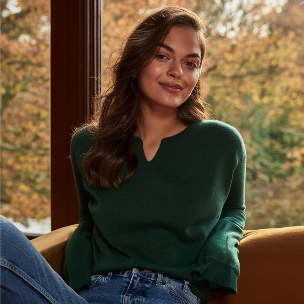 🍁 KIT AND ACE Forest Green Women's Long Sleeve Blouse